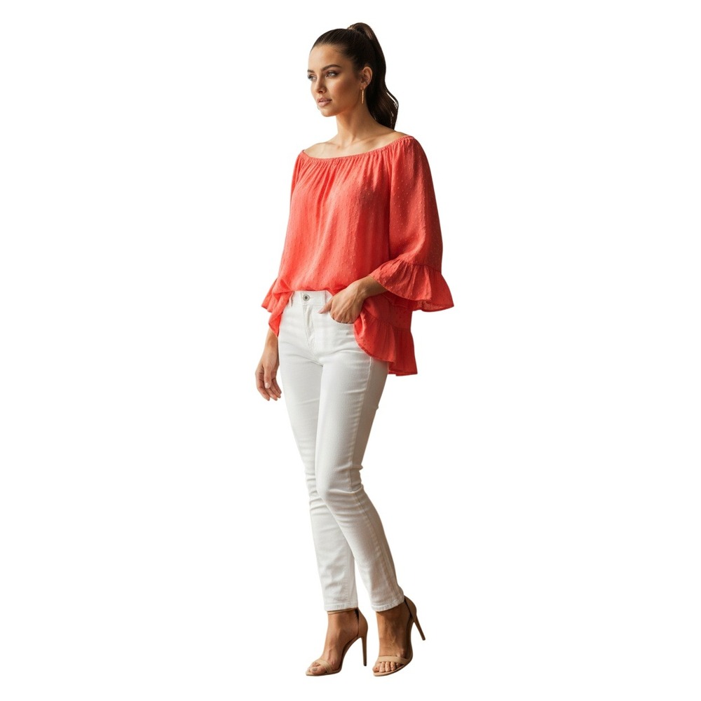 Velvet Graham Spen Red Dobby Off Shoulder Ruffle Blouse S/M Peasant Coquette USA